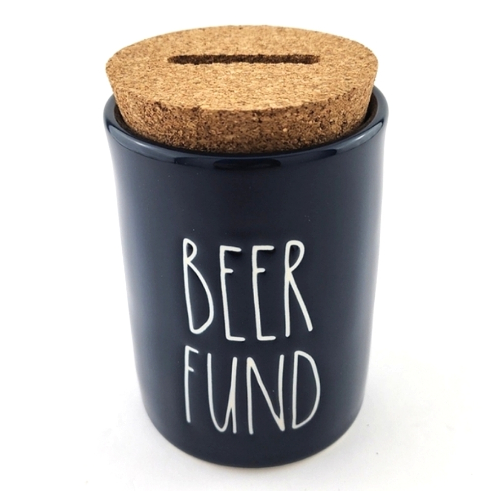 Rae Dunn Coin Bank BEER FUND Mug Navy Blue  With Removable Slotted Cork Topper